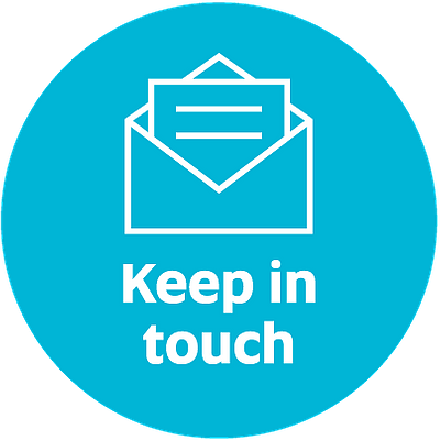 Button with an open envelope above the words 'Keep in touch'